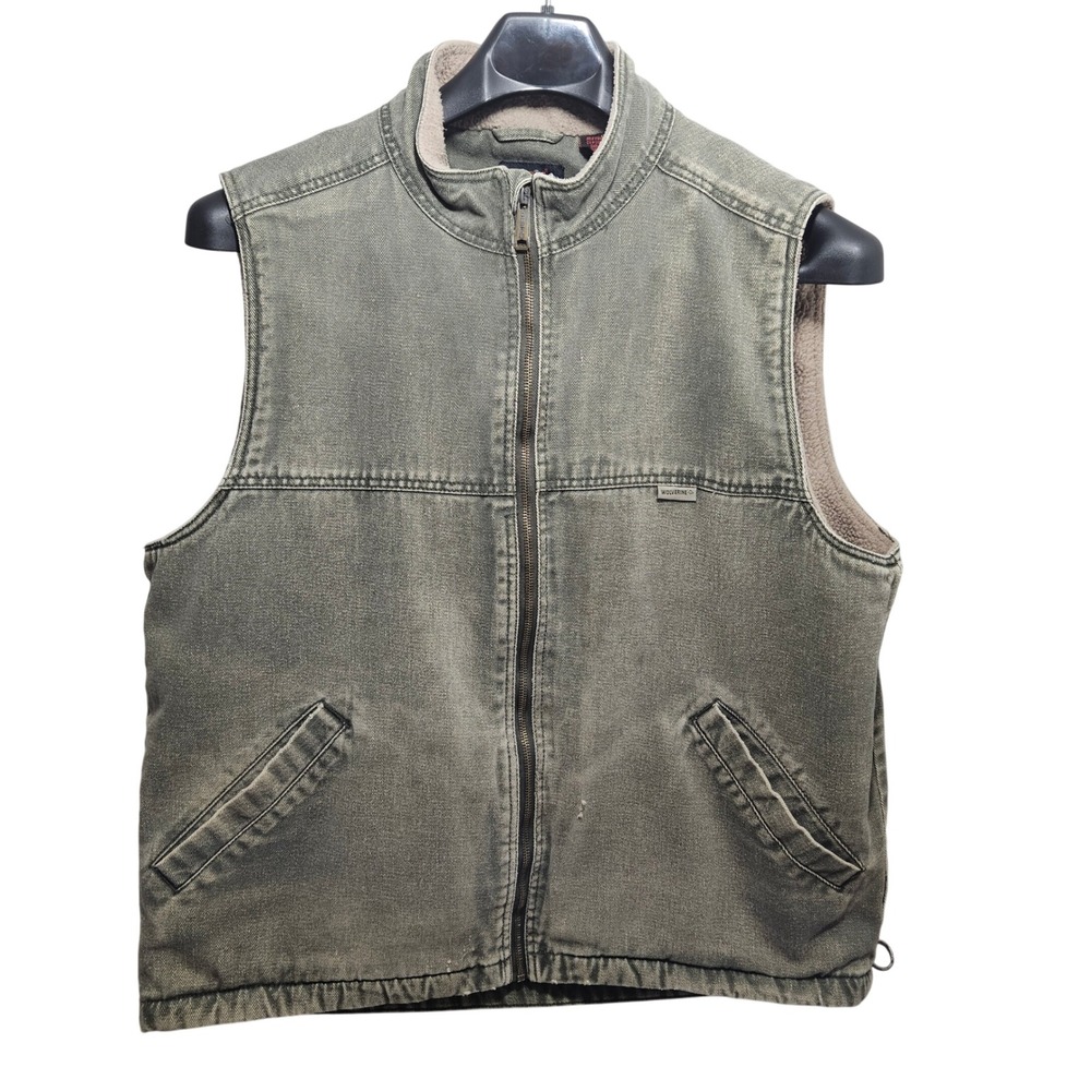 Wolverine Canvas Work Wear Vest Mens XL Green Good Fleece Lined Rugged Full Zip‎